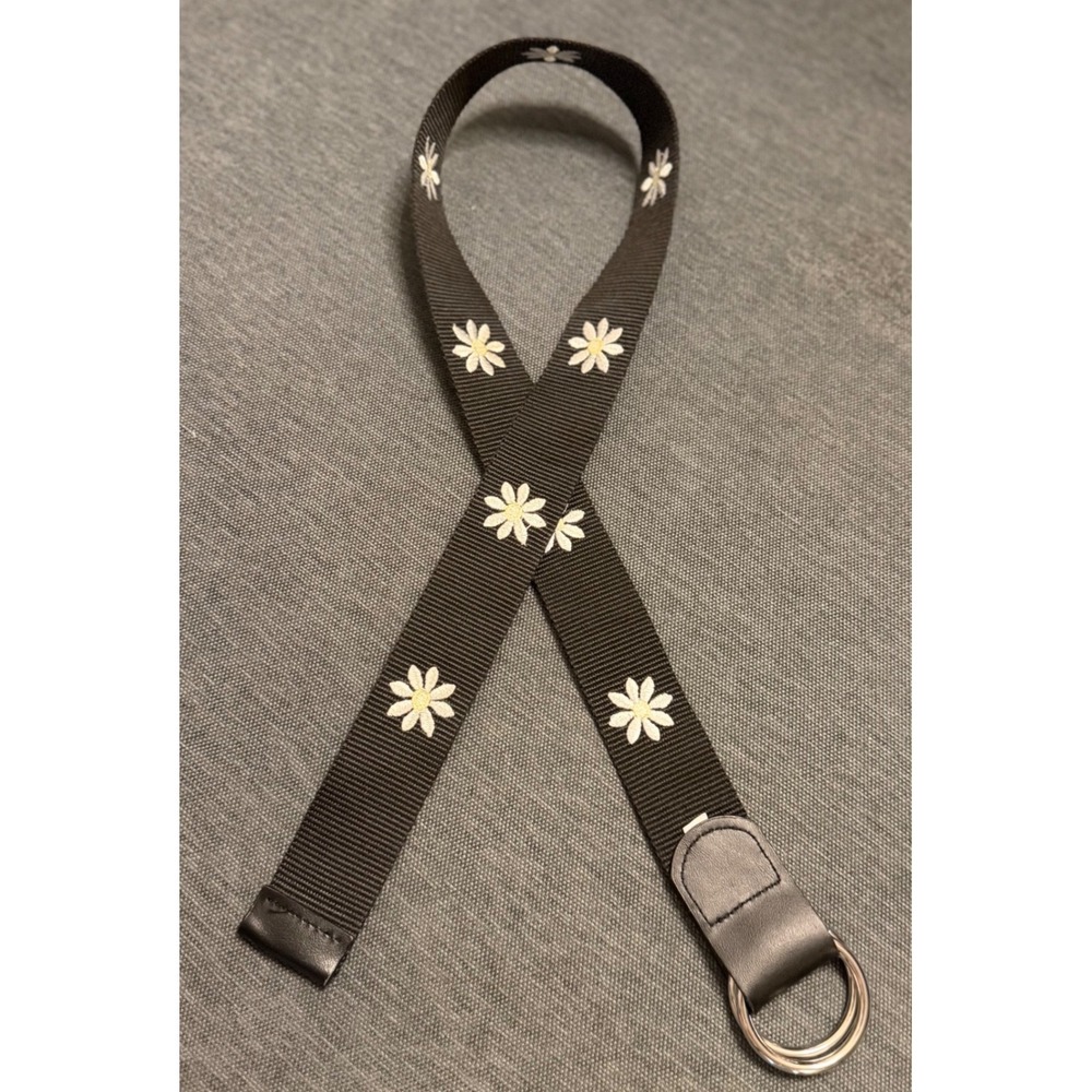 Kids Daisy Embroidered Web Belt D-Ring Adjustable Floral Canvas Brown Black